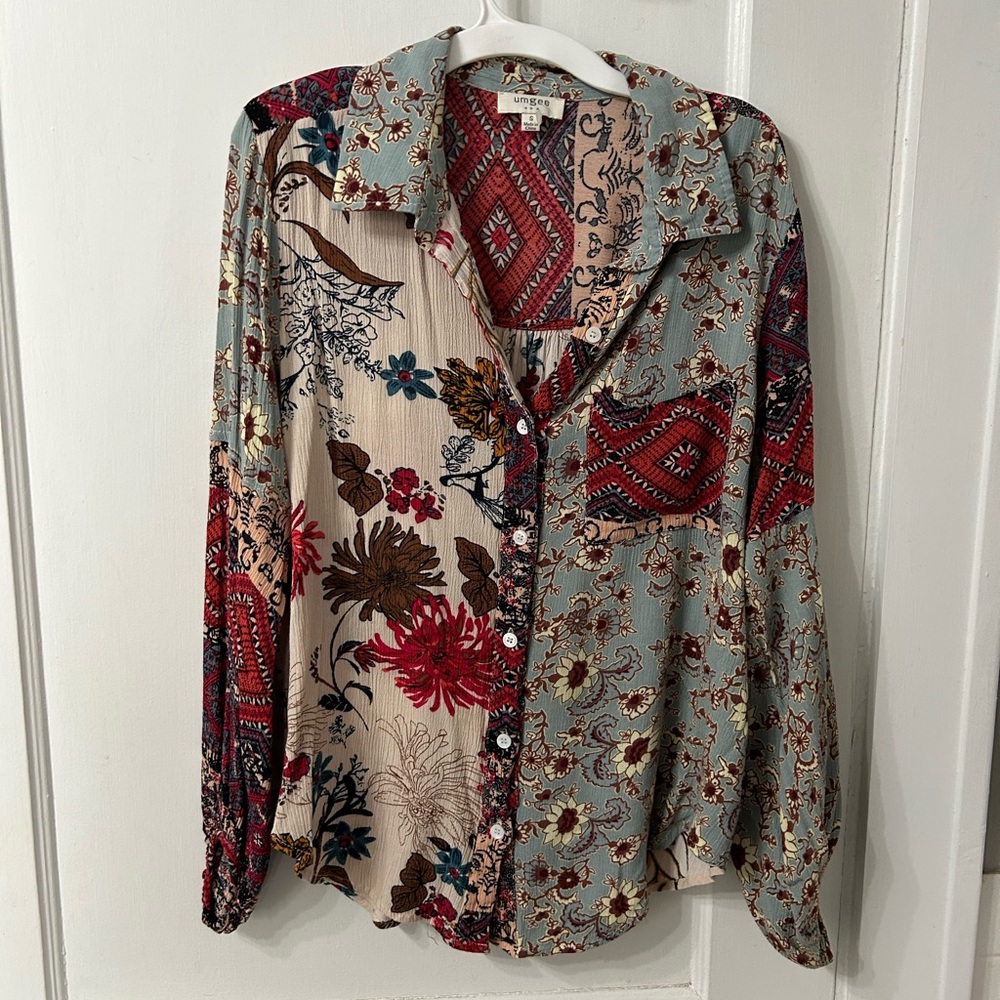 Umgee Multicolor Patchwork Button-Down Blouse - image 1